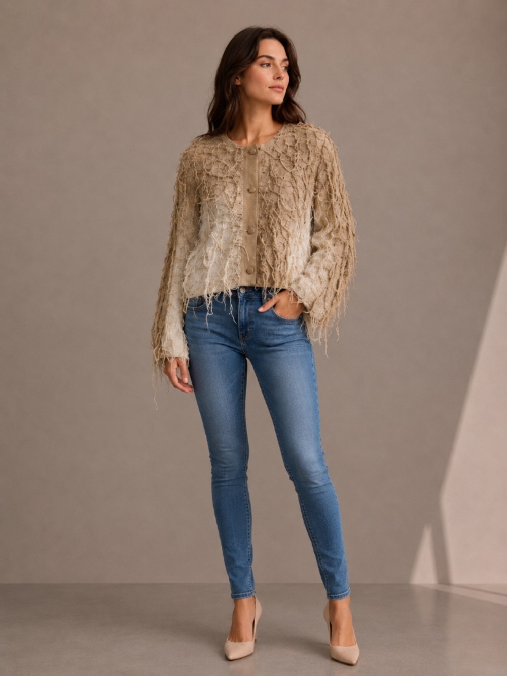 PIER ANTONIO GASPARI Beige textured fringe knit cardigan with long sleeves and a